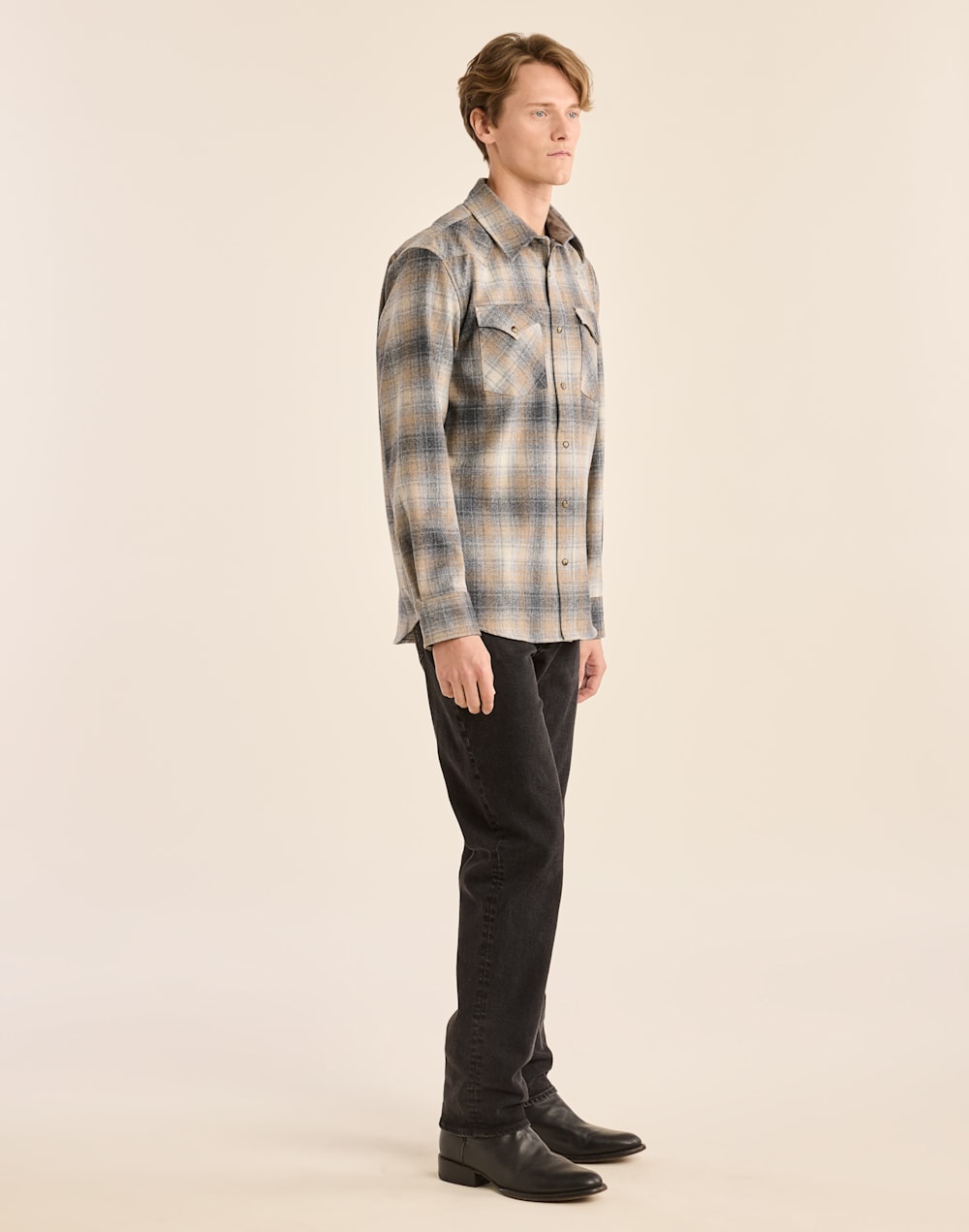 ALTERNATE VIEW OF MEN'S PLAID SNAP-FRONT WESTERN CANYON SHIRT IN GREY/TAN MIX PLAID image number 2