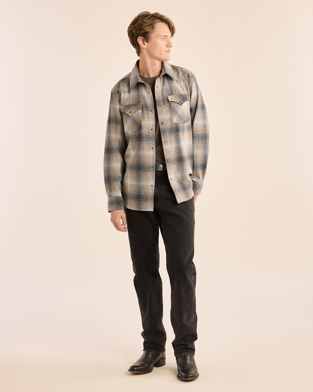 ALTERNATE VIEW OF MEN'S PLAID SNAP-FRONT WESTERN CANYON SHIRT IN GREY/TAN MIX PLAID image number 5