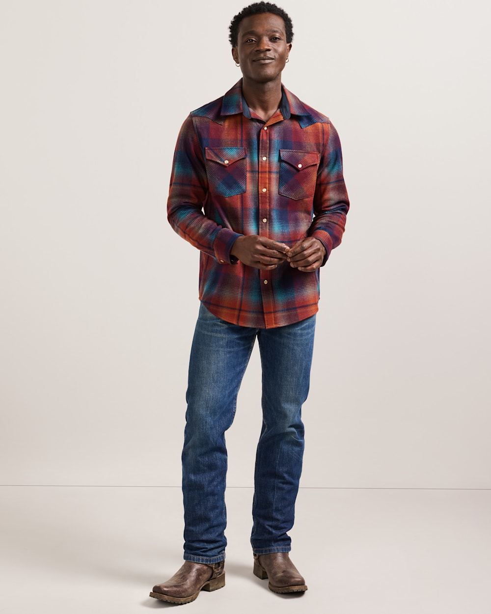 ALTERNATE VIEW OF MEN'S PLAID SNAP-FRONT WESTERN CANYON SHIRT IN MAROON/TEAL image number 2