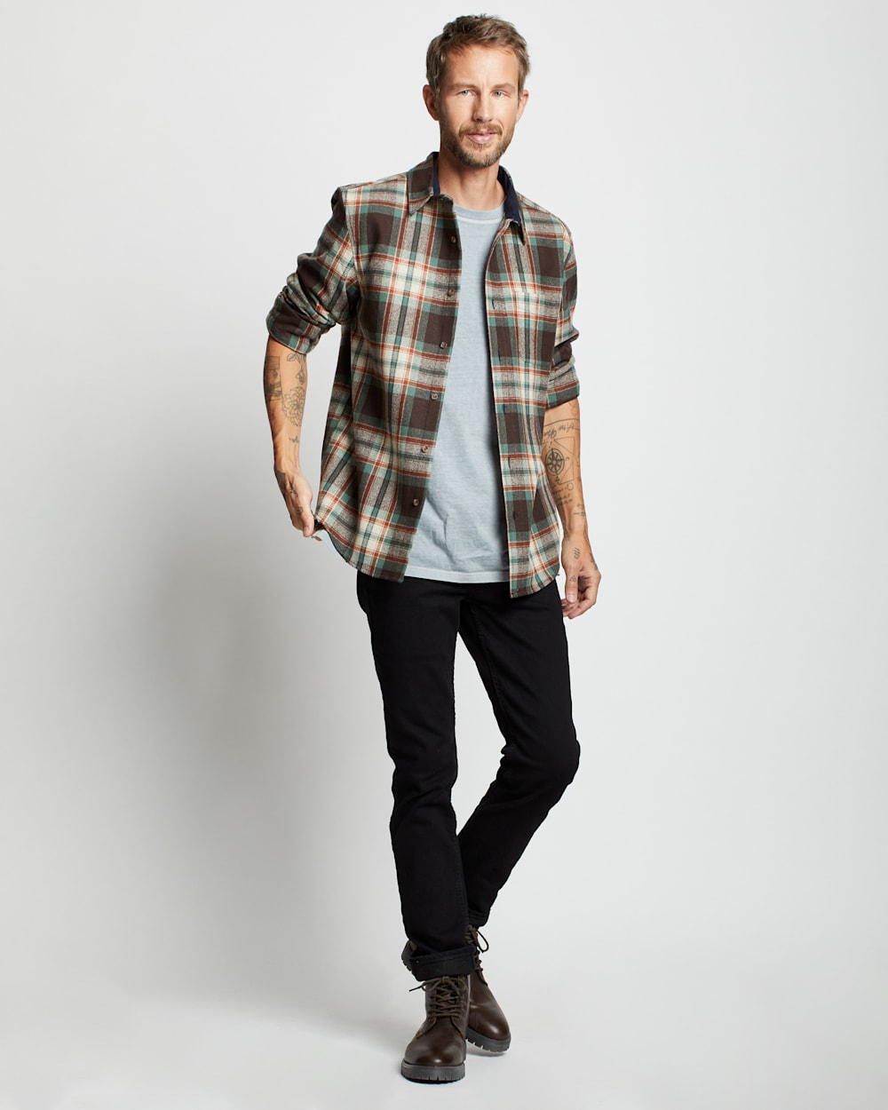 ALTERNATE VIEW OF MEN'S PLAID LODGE SHIRT IN BROWN/AQUA BLOCK PLAID image number 6
