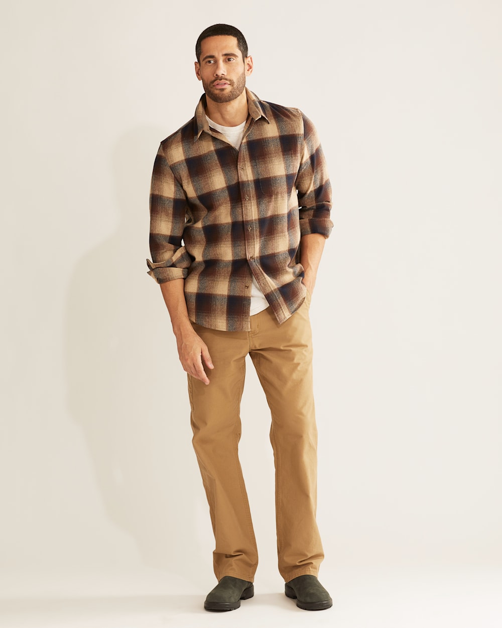 ALTERNATE VIEW OF MEN'S PLAID LODGE SHIRT IN BROWN/NAVY OMBRE image number 1