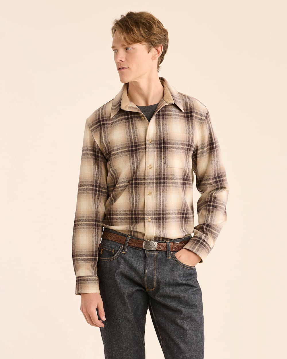 MEN'S PLAID LODGE SHIRT IN TAN/IVORY OMBRE image number 1