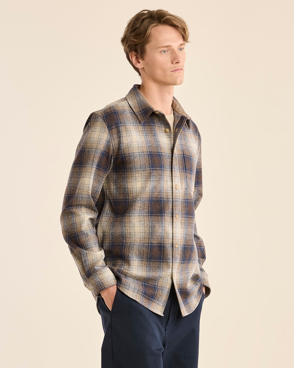 MEN'S PLAID LODGE SHIRT IN BLUE/TAUPE MIX PLAID image number 1