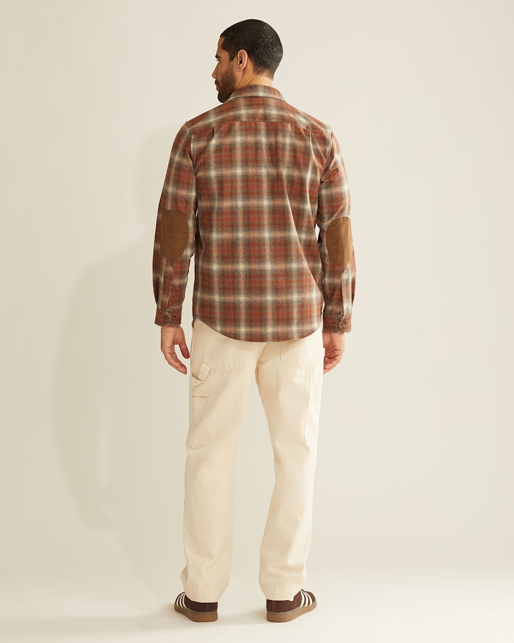 BACK VIEW OF MEN'S PLAID ELBOW-PATCH TRAIL SHIRT IN GREY/COPPER OMBRE image number 3