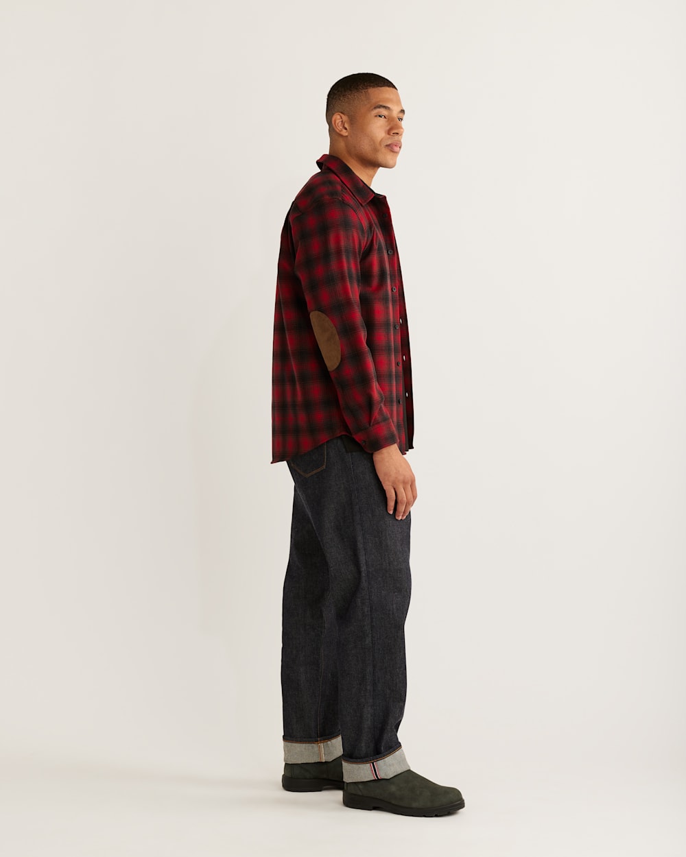 ALTERNATE VIEW OF MEN'S PLAID ELBOW-PATCH TRAIL SHIRT IN RED OMBRE image number 2
