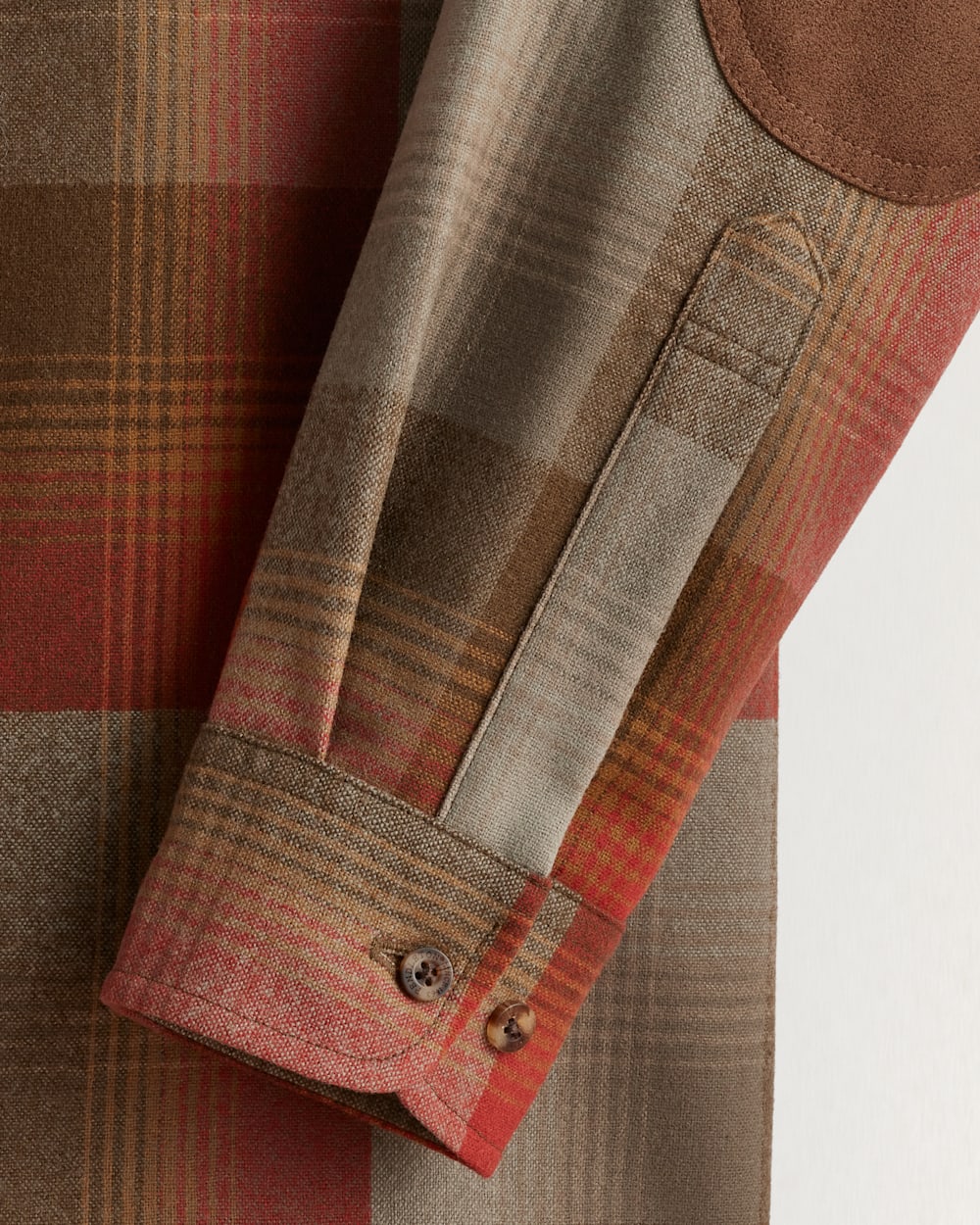 ALTERNATE VIEW OF MEN'S PLAID ELBOW-PATCH TRAIL SHIRT IN TAN/RED PLAID image number 2
