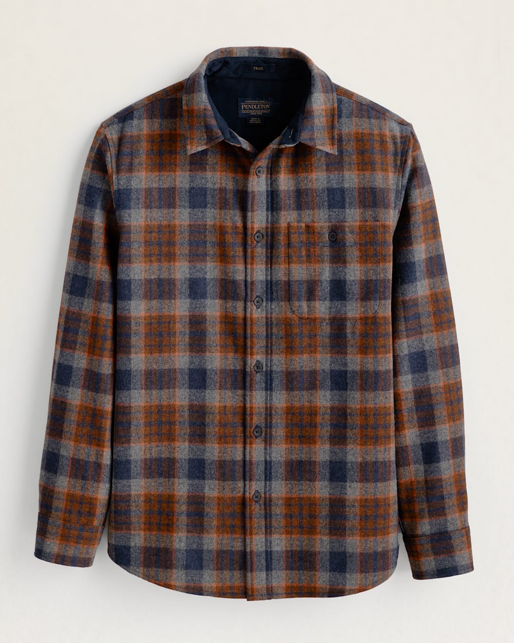 MEN'S PLAID ELBOW-PATCH TRAIL SHIRT IN NAVY MIX/ORANGE PLAID image number 1