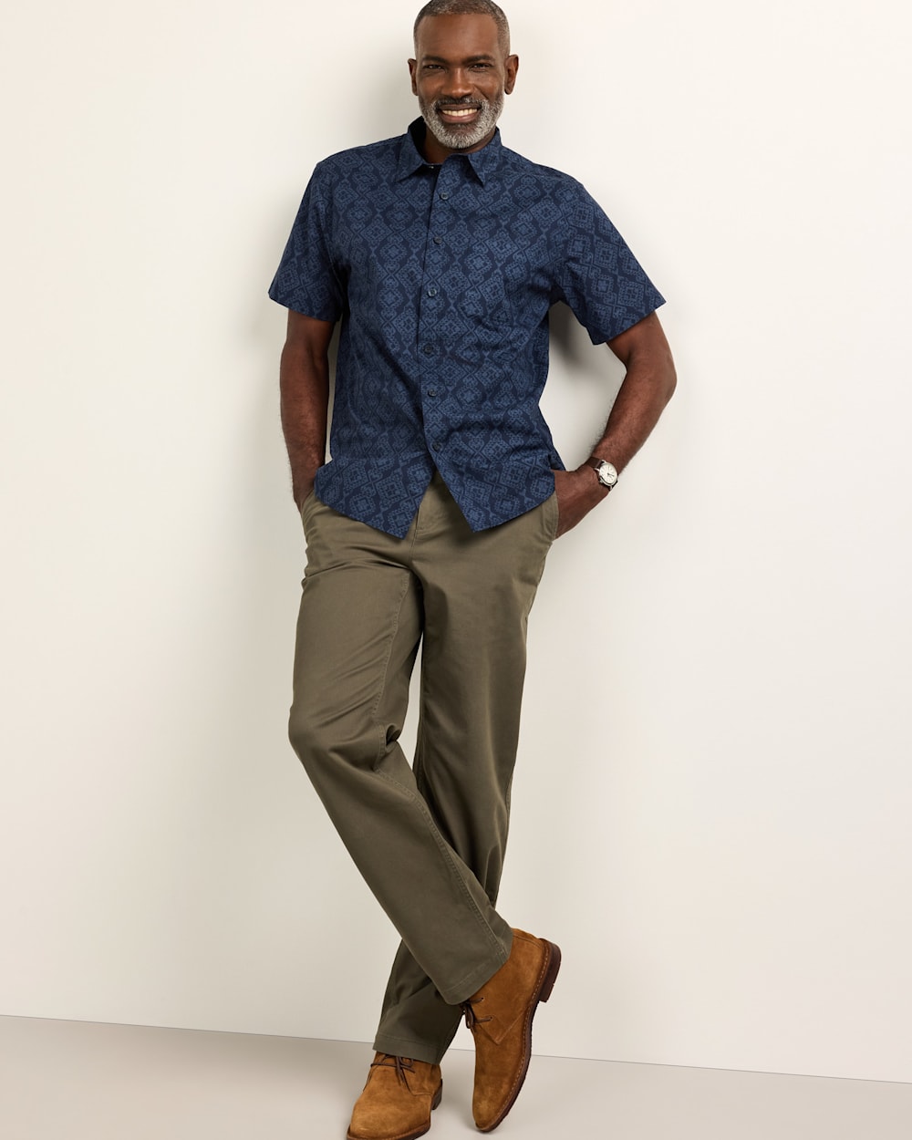 ALTERNATE VIEW OF MEN'S SHORT-SLEEVE SHORELINE COTTON SHIRT IN NAVY ECHO BAY image number 5