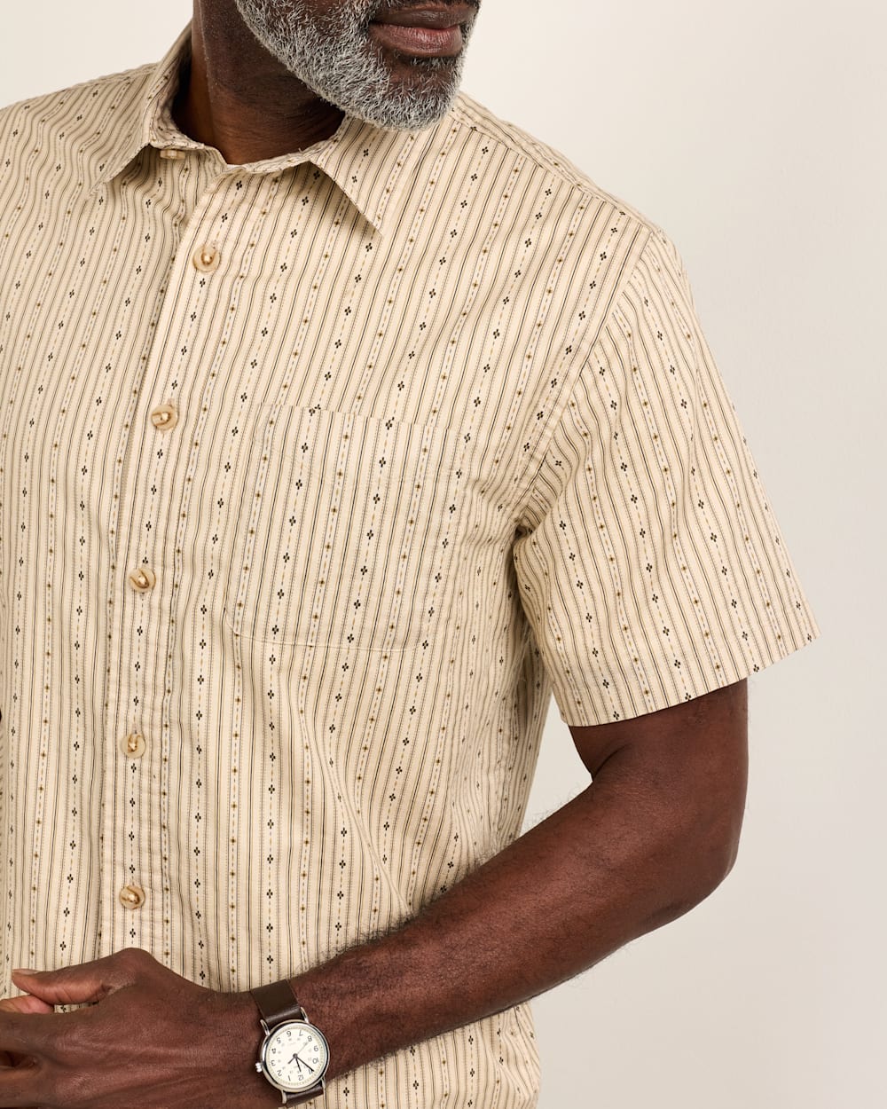 ALTERNATE VIEW OF MEN'S SHORT-SLEEVE SHORELINE COTTON SHIRT IN ECRU HARDING STRIPE image number 4
