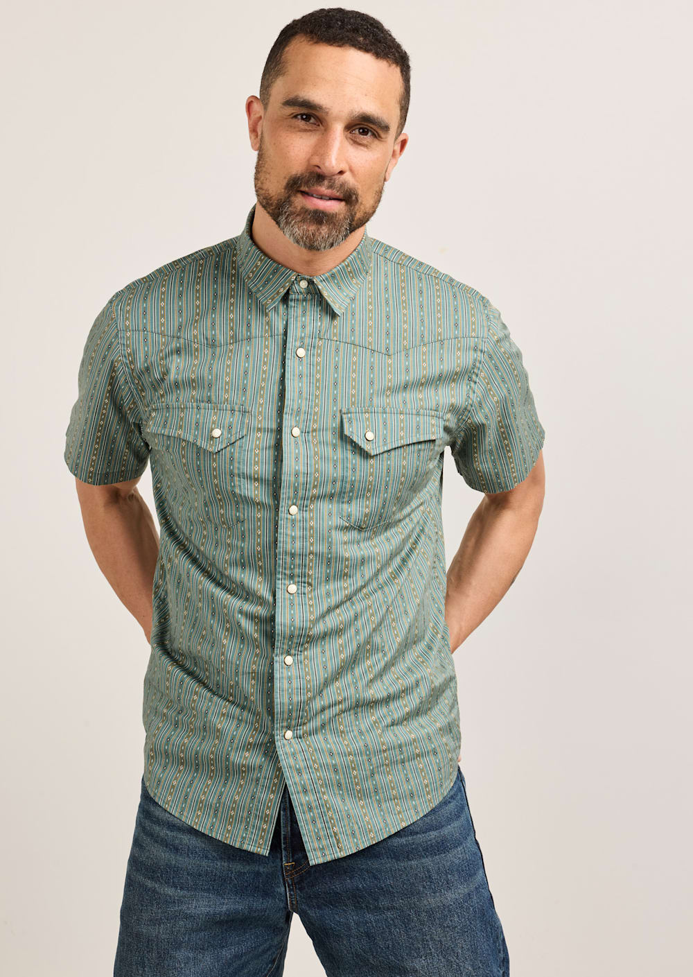 MEN'S SHORT-SLEEVE LARAMIE SNAP-FRONT SHIRT IN BLUE STRIPE HARDING image number 1
