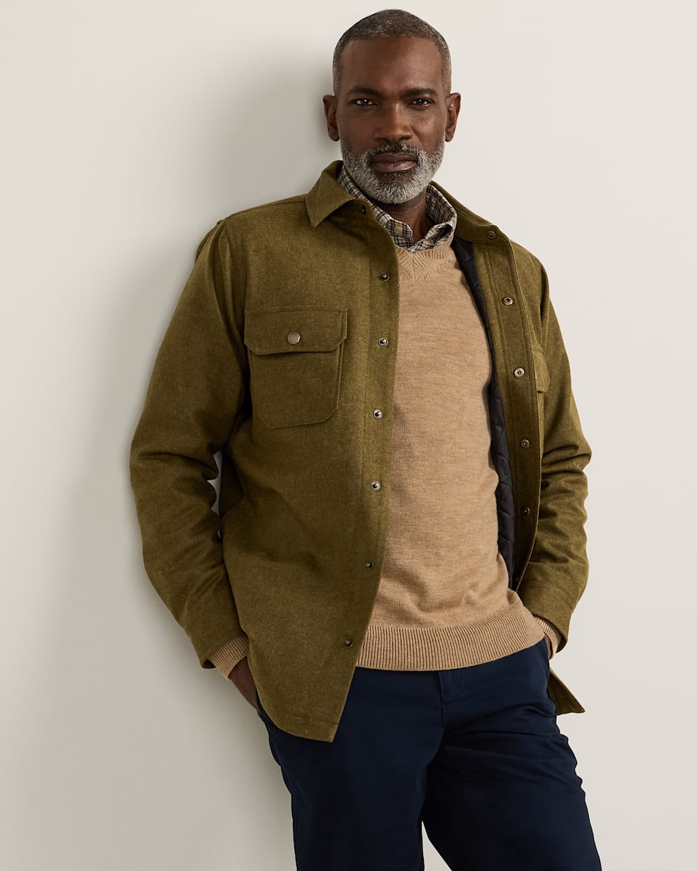 ALTERNATE VIEW OF MEN'S QUILTED WOOL CPO JACKET IN GREEN MIX image number 2