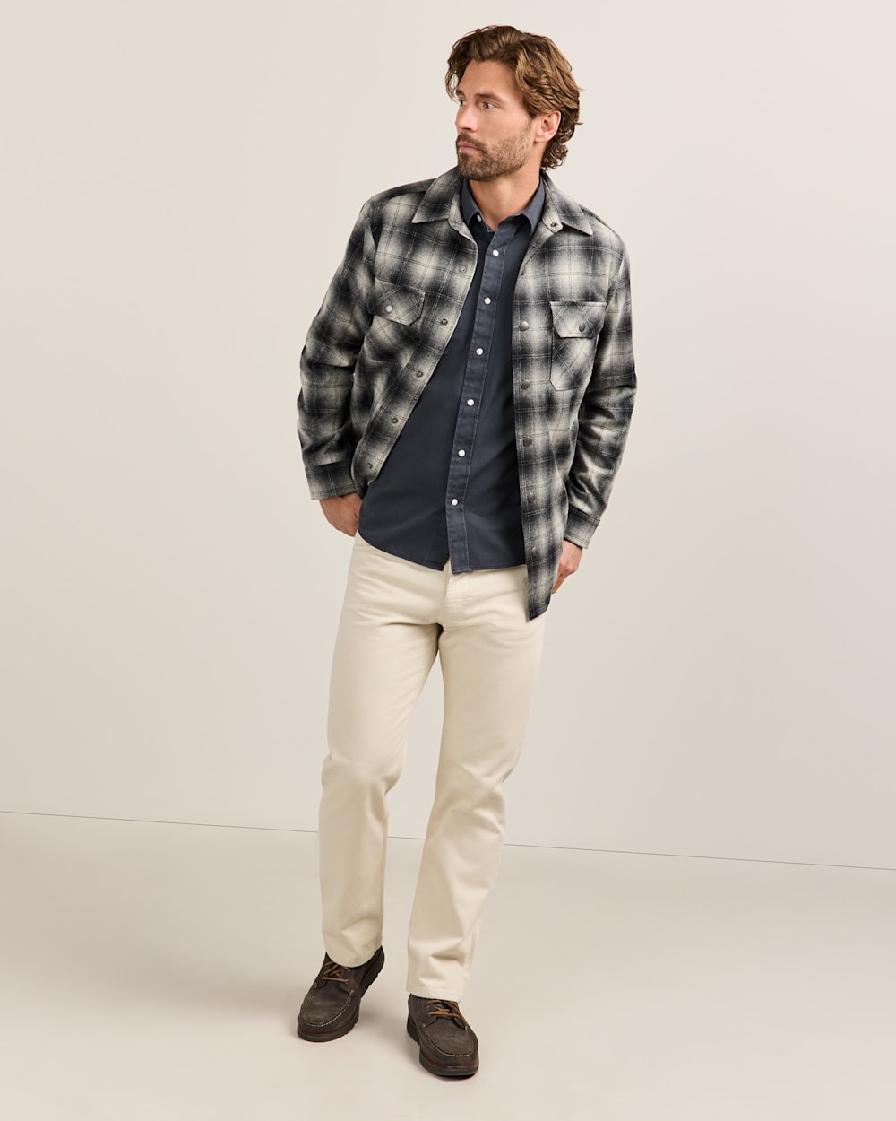 ALTERNATE VIEW OF MEN'S PLAID QUILTED WOOL CPO JACKET IN CHARCOAL OMBRE image number 5
