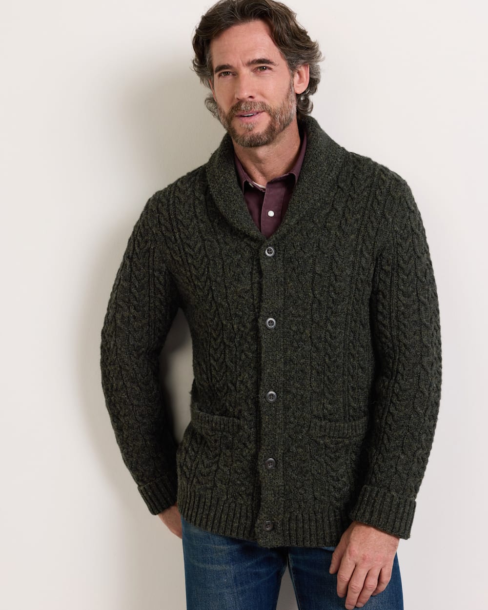 ALTERNATE VIEW OF MEN'S WOOL FISHERMAN CARDIGAN IN DARK GREEN HEATHER image number 2