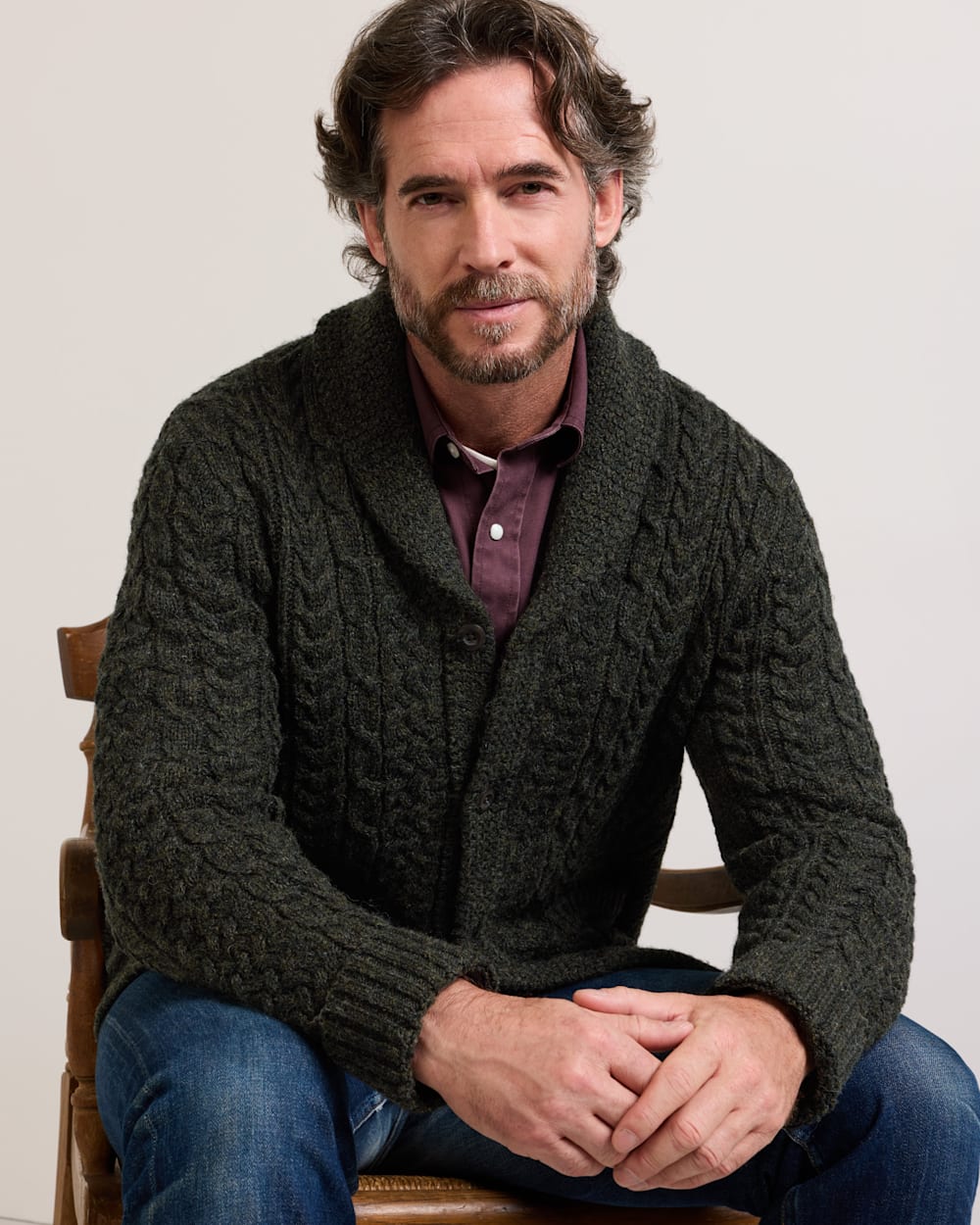 ALTERNATE VIEW OF MEN'S WOOL FISHERMAN CARDIGAN IN DARK GREEN HEATHER image number 5