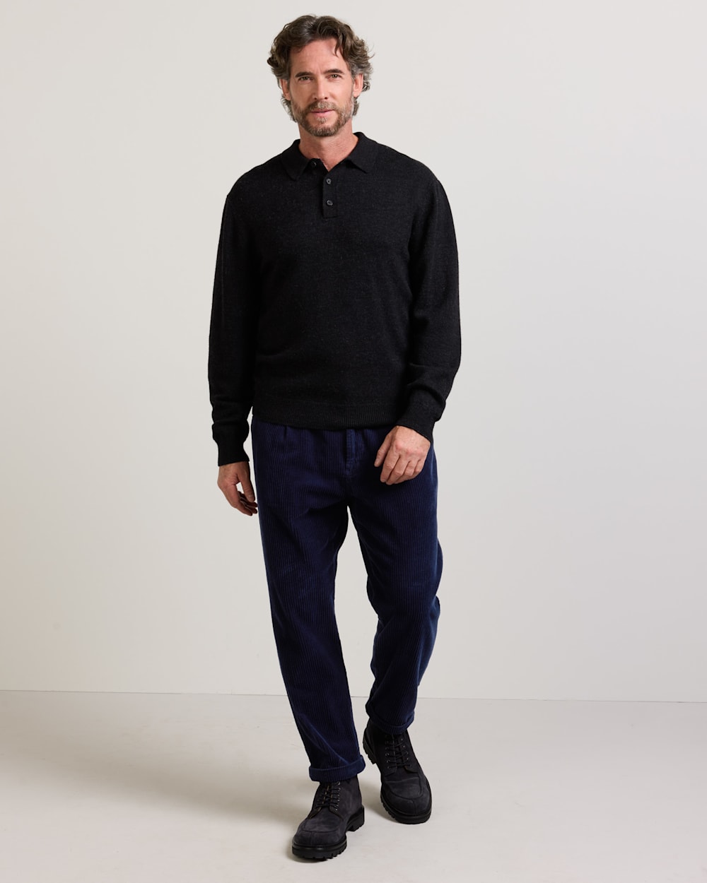 ALTERNATE VIEW OF MEN'S MERINO POLO SWEATER IN BLACK HEATHER image number 2