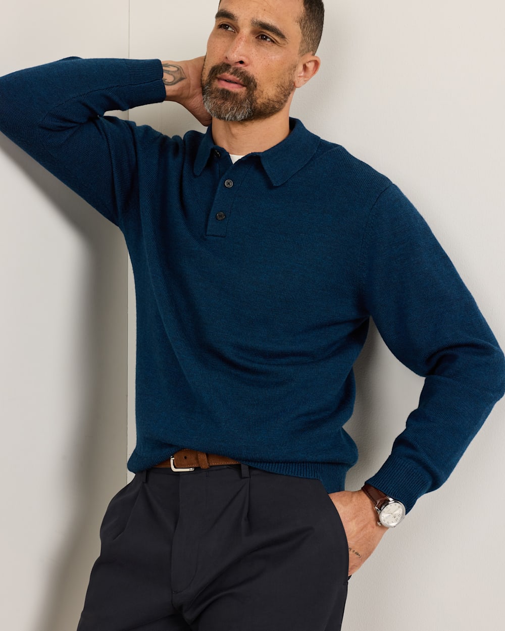 MEN'S MERINO POLO SWEATER IN NAVY HEATHER image number 1