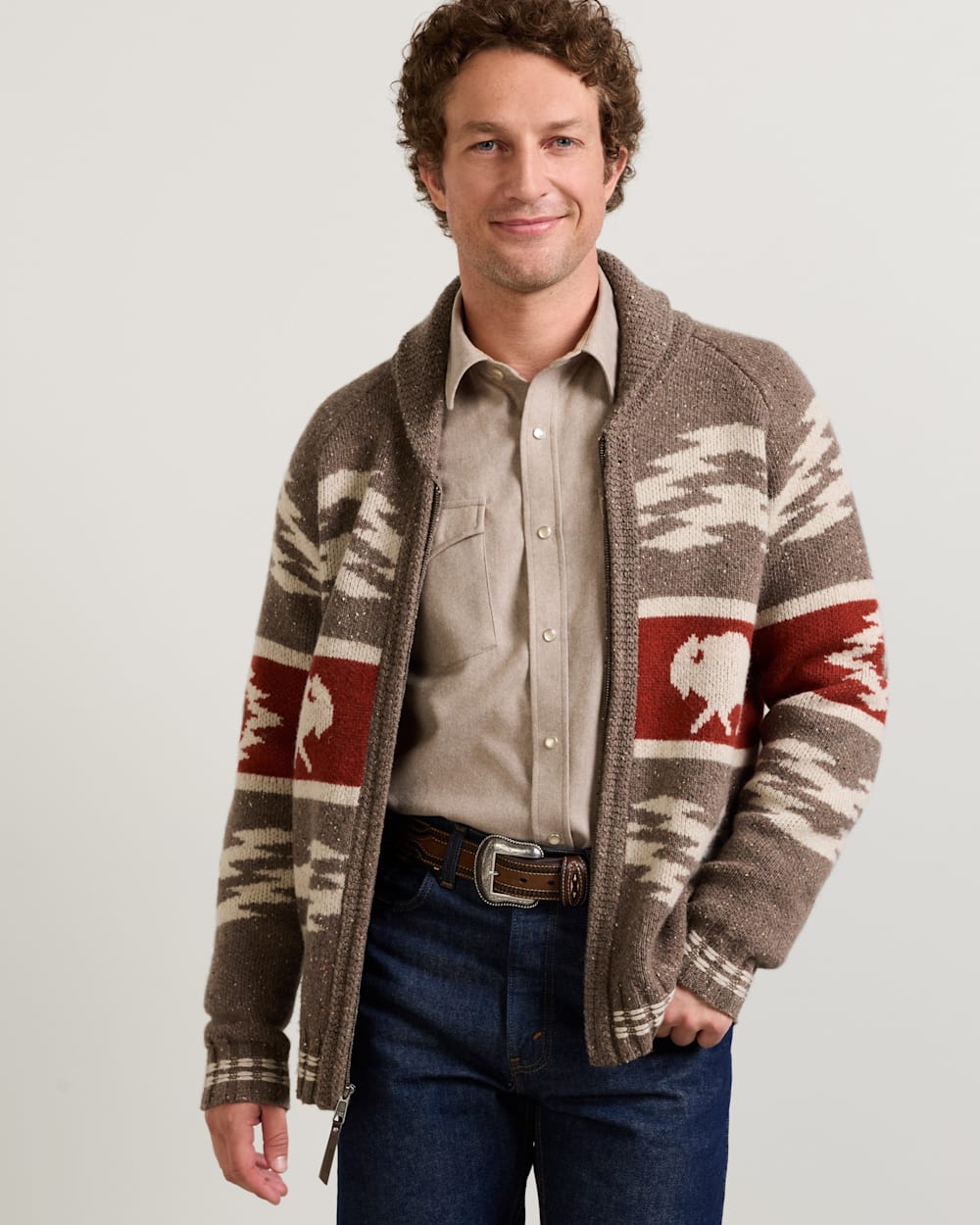 MEN'S BISON LAMBSWOOL ZIP CARDIGAN IN BROWN DONEGAL image number 1