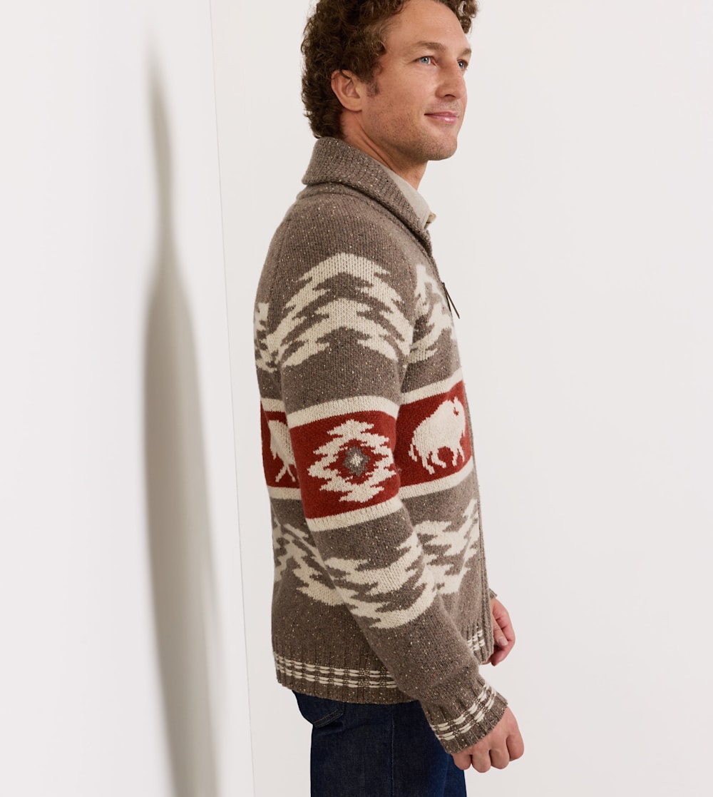 ALTERNATE VIEW OF MEN'S BISON LAMBSWOOL ZIP CARDIGAN IN BROWN DONEGAL image number 4