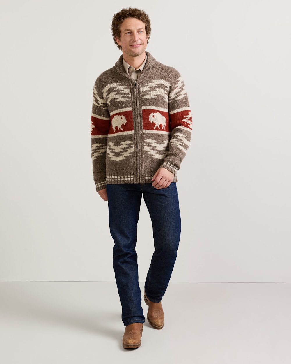 ALTERNATE VIEW OF MEN'S BISON LAMBSWOOL ZIP CARDIGAN IN BROWN DONEGAL image number 5