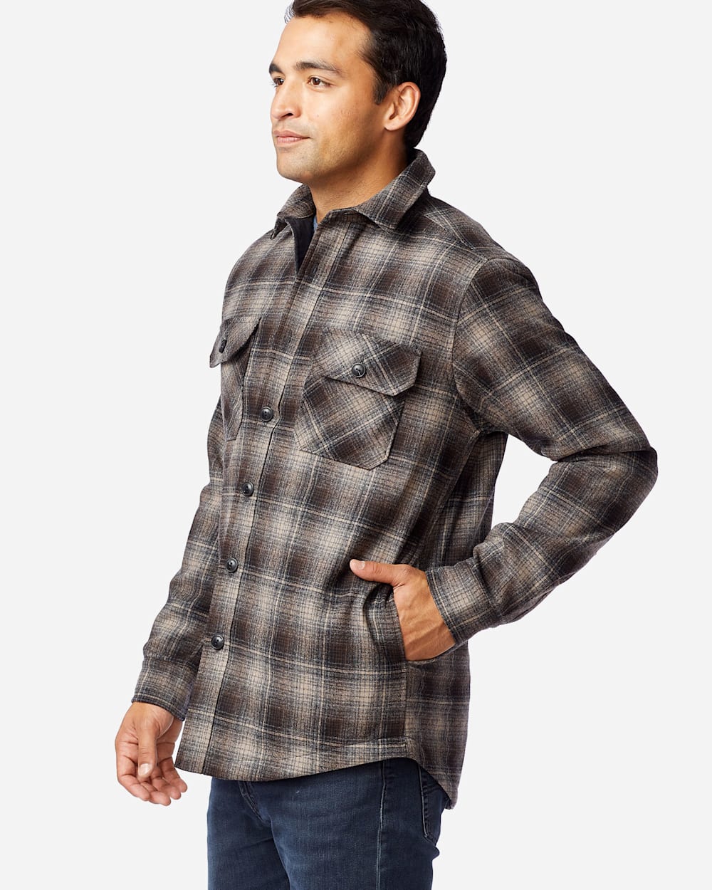 ALTERNATE VIEW OF MEN'S QUILTED SHIRT JACKET IN TAN/BLACK/GREY OMBRE image number 2