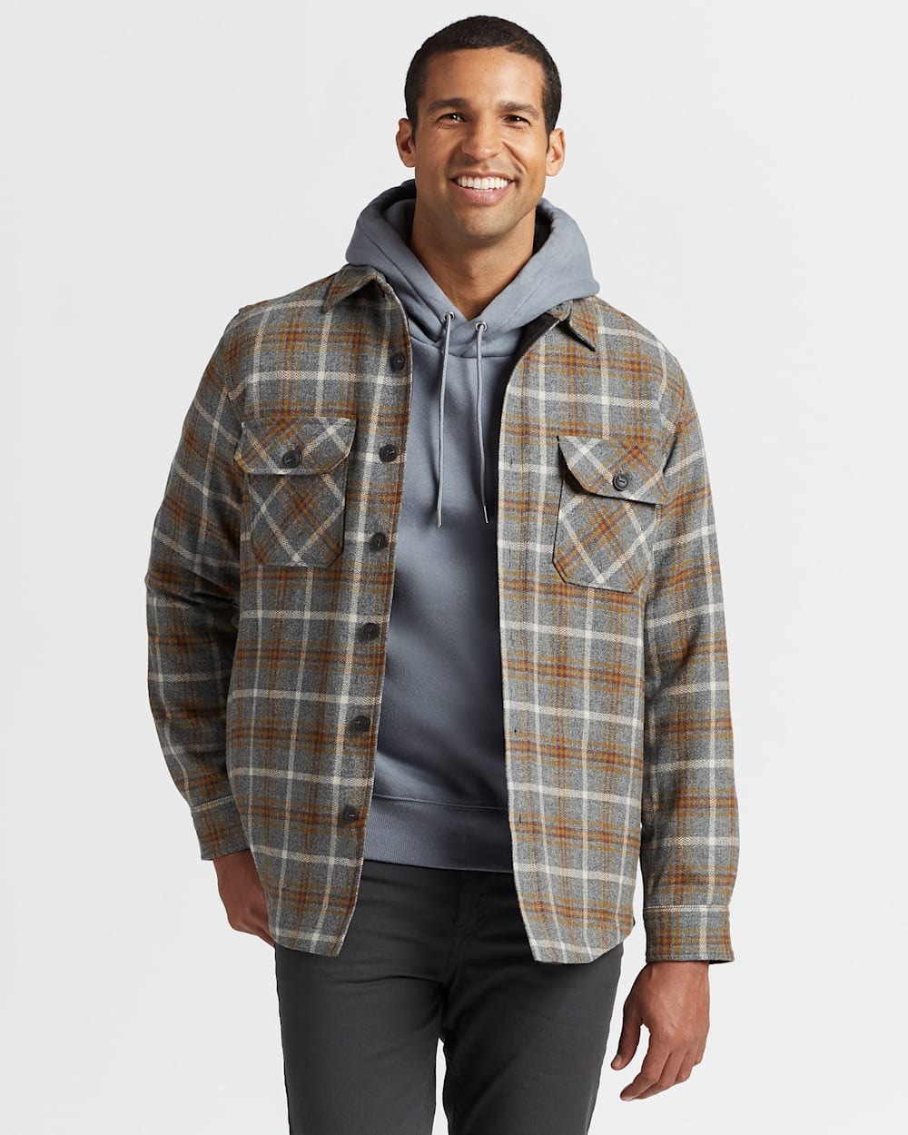 MEN'S QUILTED SHIRT JACKET IN GREY MIX/BROWN PLAID image number 1
