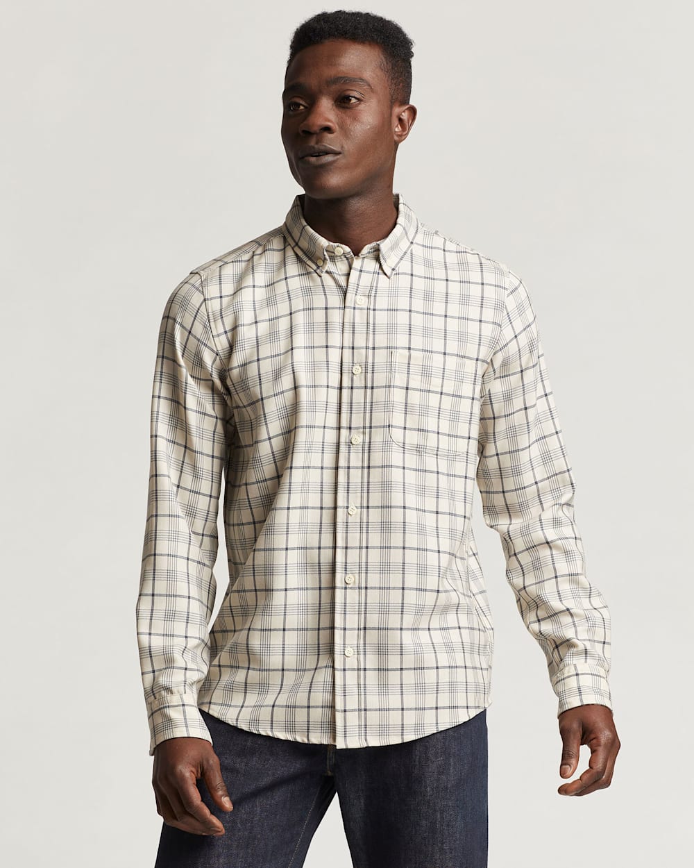 MEN'S FITTED EVERGREEN MERINO SHIRT IN TAN/WHITE/BLUE WINDOWPANE image number 1