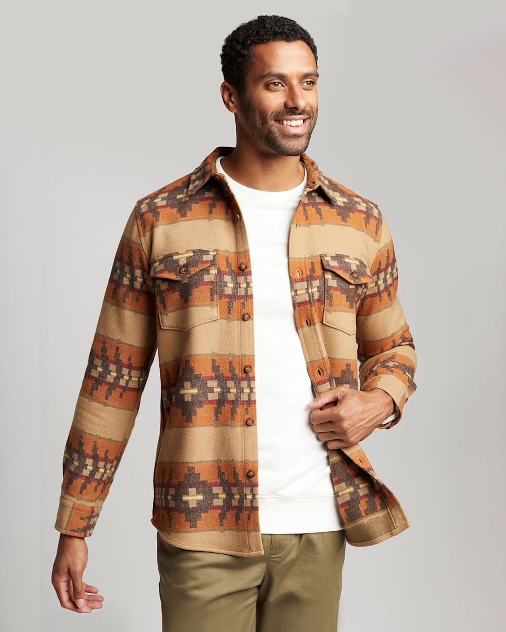ALTERNATE VIEW OF MEN'S FITTED LA PINE OVERSHIRT IN TAN BANDED STRIPE image number 5