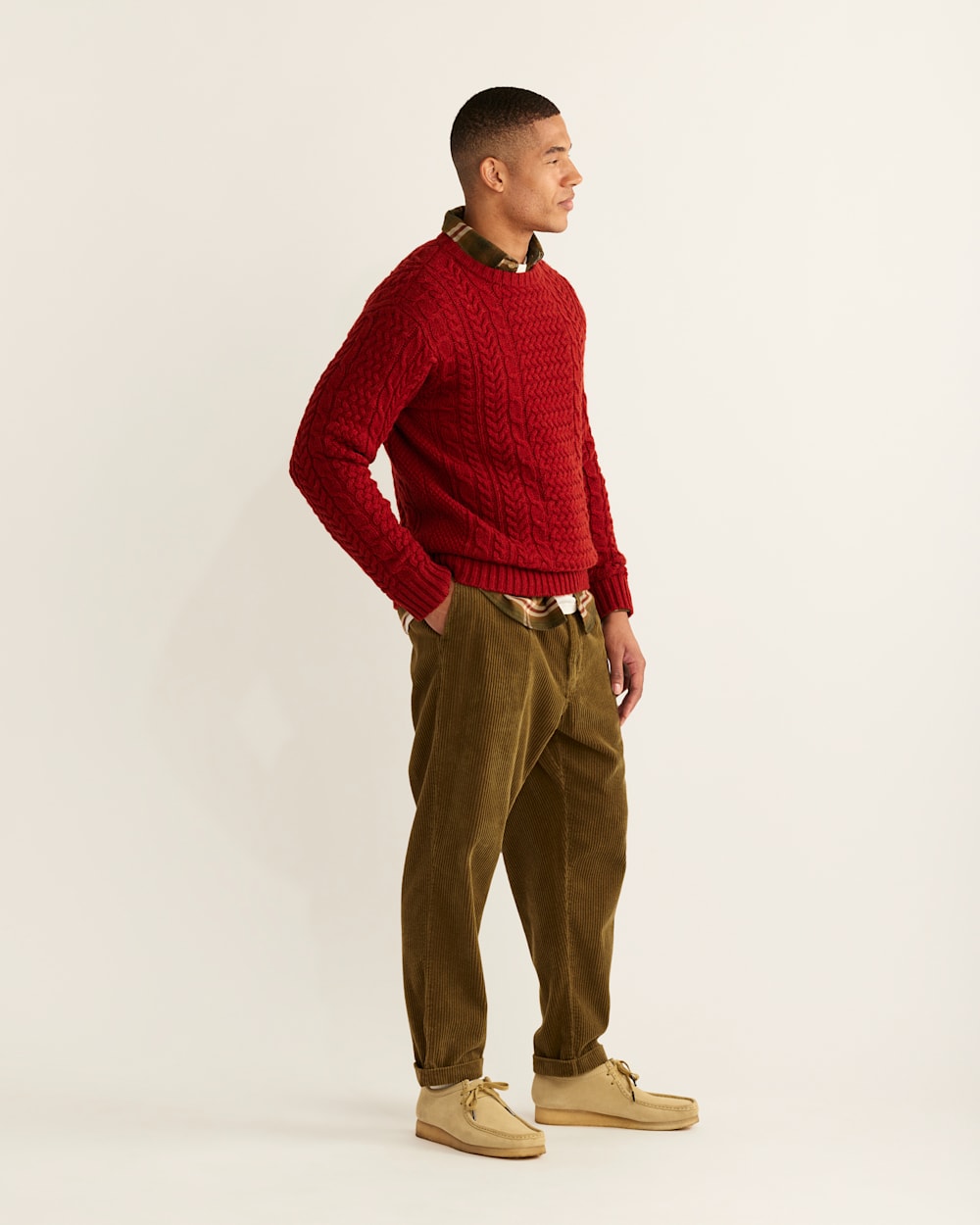 ALTERNATE VIEW OF MEN'S SHETLAND COLLECTION FISHERMAN SWEATER IN CHILI RED image number 3