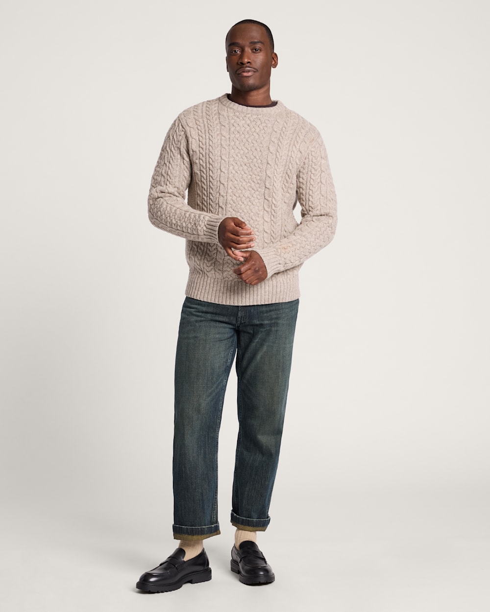 ALTERNATE VIEW OF MEN'S SHETLAND COLLECTION FISHERMAN SWEATER IN WHEAT MIX image number 5