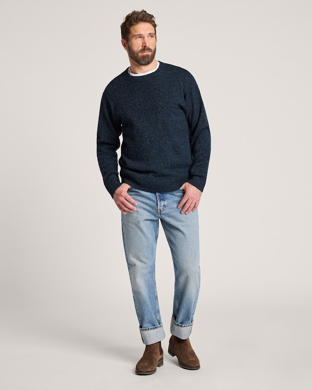 ALTERNATE VIEW OF MEN'S SHETLAND COLLECTION SWEATER IN INDIGO HEATHER image number 5