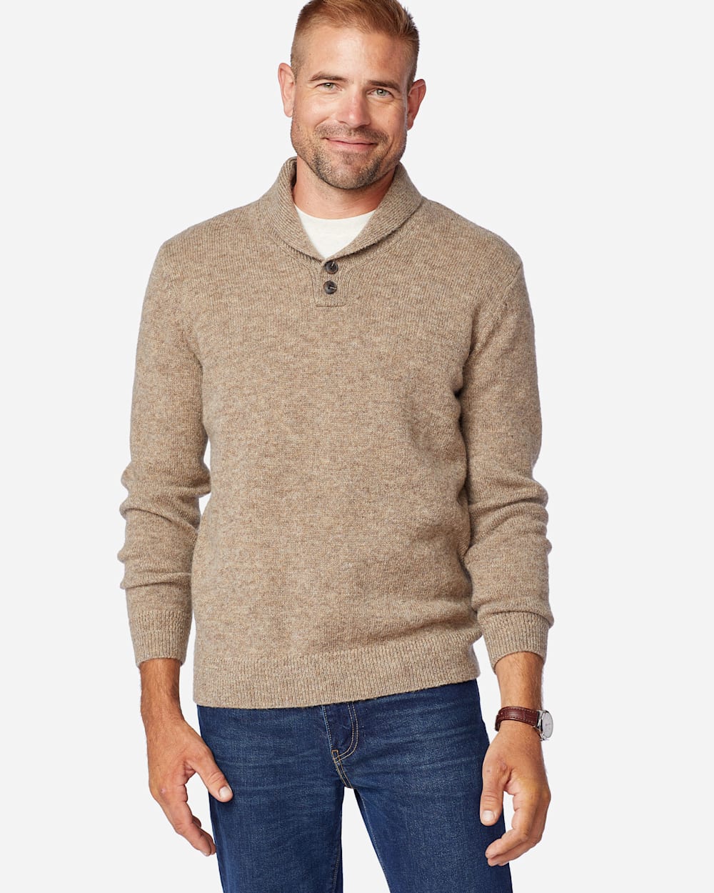MEN'S SHETLAND SHAWL PULLOVER IN COYOTE TAN HEATHER image number 1