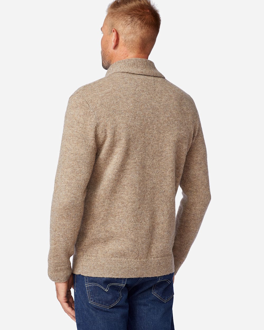 ALTERNATE VIEW OF MEN'S SHETLAND SHAWL PULLOVER IN COYOTE TAN HEATHER image number 2
