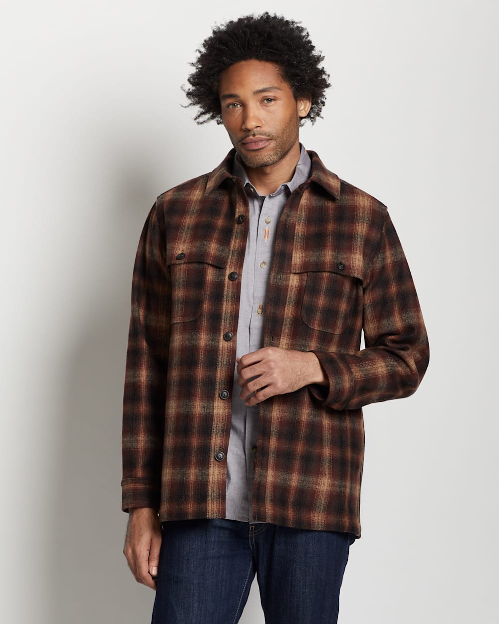 MEN'S HESTON PLAID WOOL COAT IN BROWN/RUST OMBRE image number 1