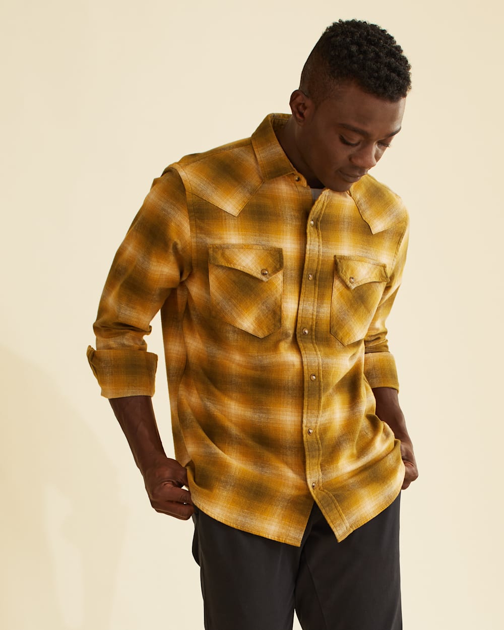 MEN'S WYATT SNAP-FRONT COTTON SHIRT IN OLIVE/GOLD OMBRE image number 1