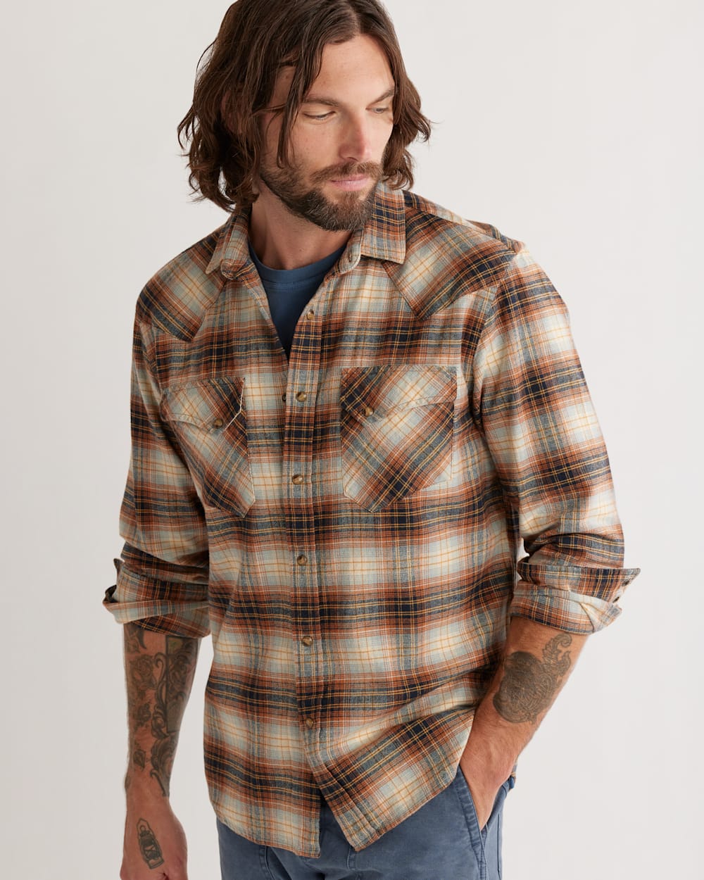 MEN'S WYATT SNAP-FRONT COTTON SHIRT IN OCHRE/NAVY/GOLD PLAID image number 1