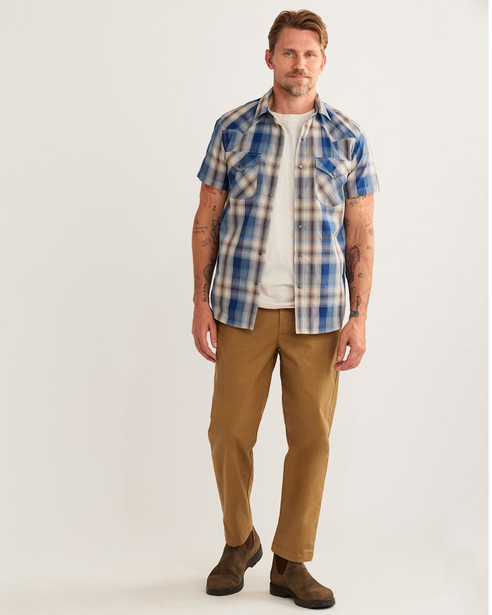 MEN'S SHORT-SLEEVE FRONTIER SHIRT IN GREY/BLUE PLAID image number 1