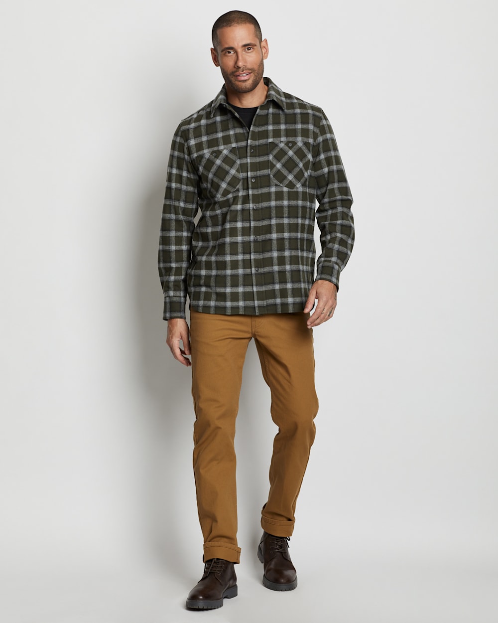 ALTERNATE VIEW OF MEN'S ULTRALUXE MERINO SHIRT IN GREEN/GREY PLAID image number 2