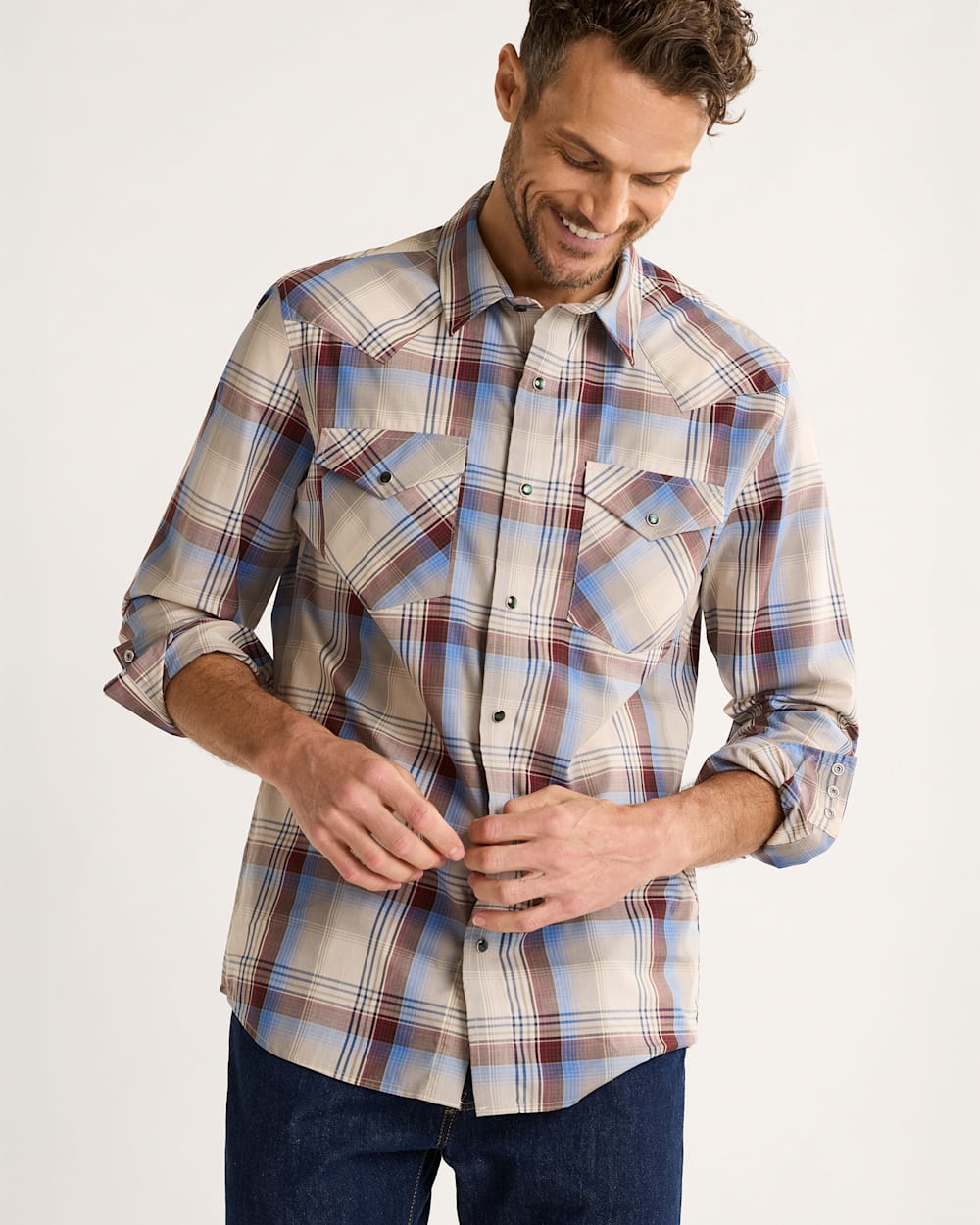 MEN'S PLAID LONG-SLEEVE BISHOP COTTON SHIRT IN BROWN MULTI PLAID image number 1