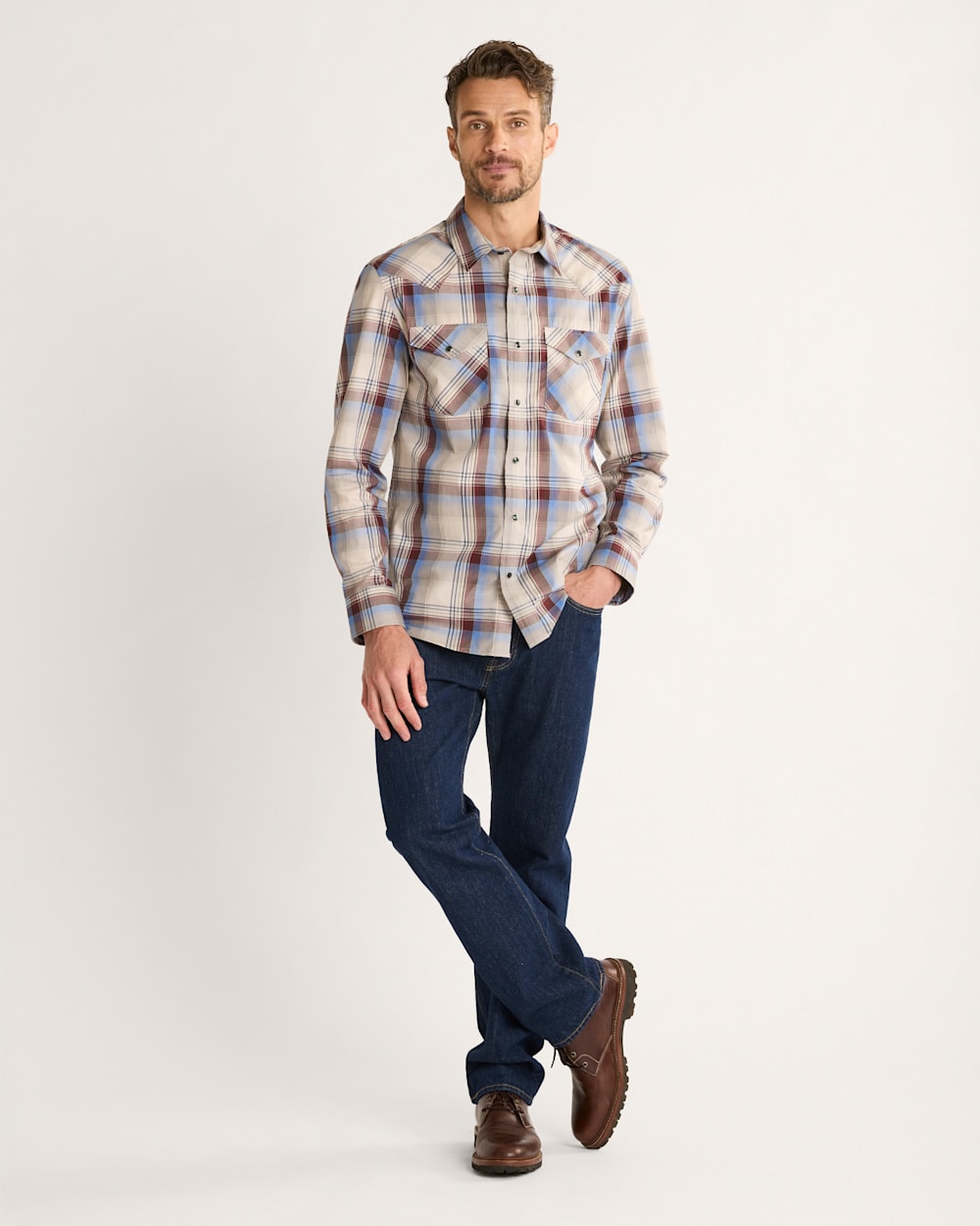 ALTERNATE VIEW OF MEN'S PLAID LONG-SLEEVE BISHOP COTTON SHIRT IN BROWN MULTI PLAID image number 5