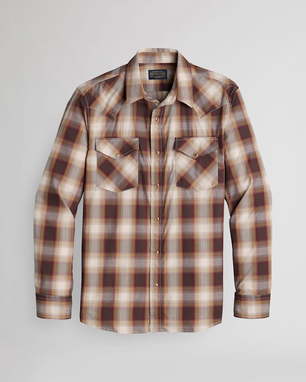MEN'S LONG-SLEEVE BISHOP COTTON SHIRT IN TAN/BURGUNDY PLAID image number 1