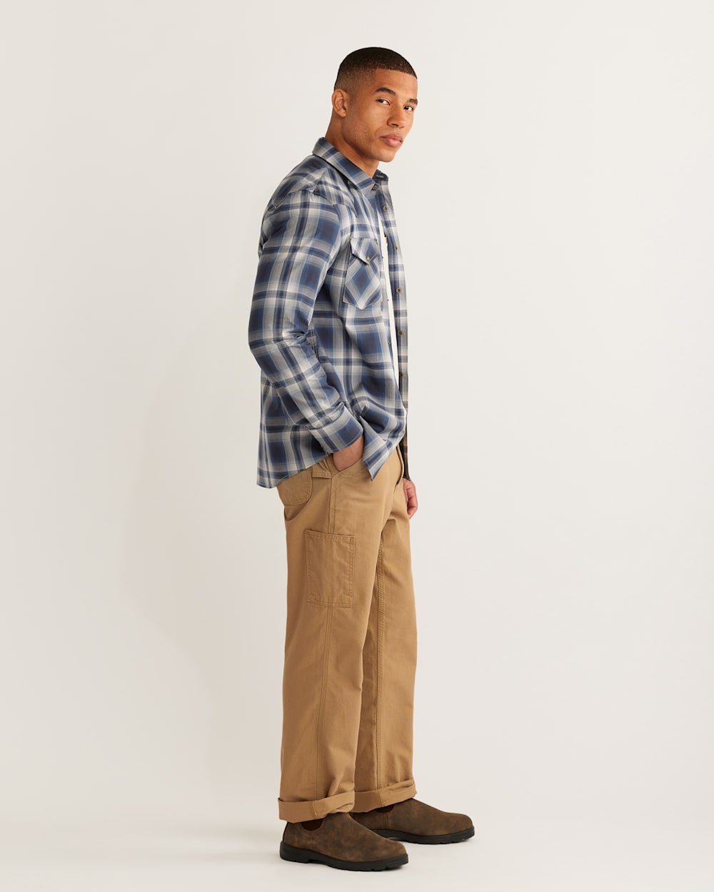 ALTERNATE VIEW OF MEN'S LONG-SLEEVE BISHOP COTTON SHIRT IN INDIGO/MARINE/WHITE PLAID image number 2