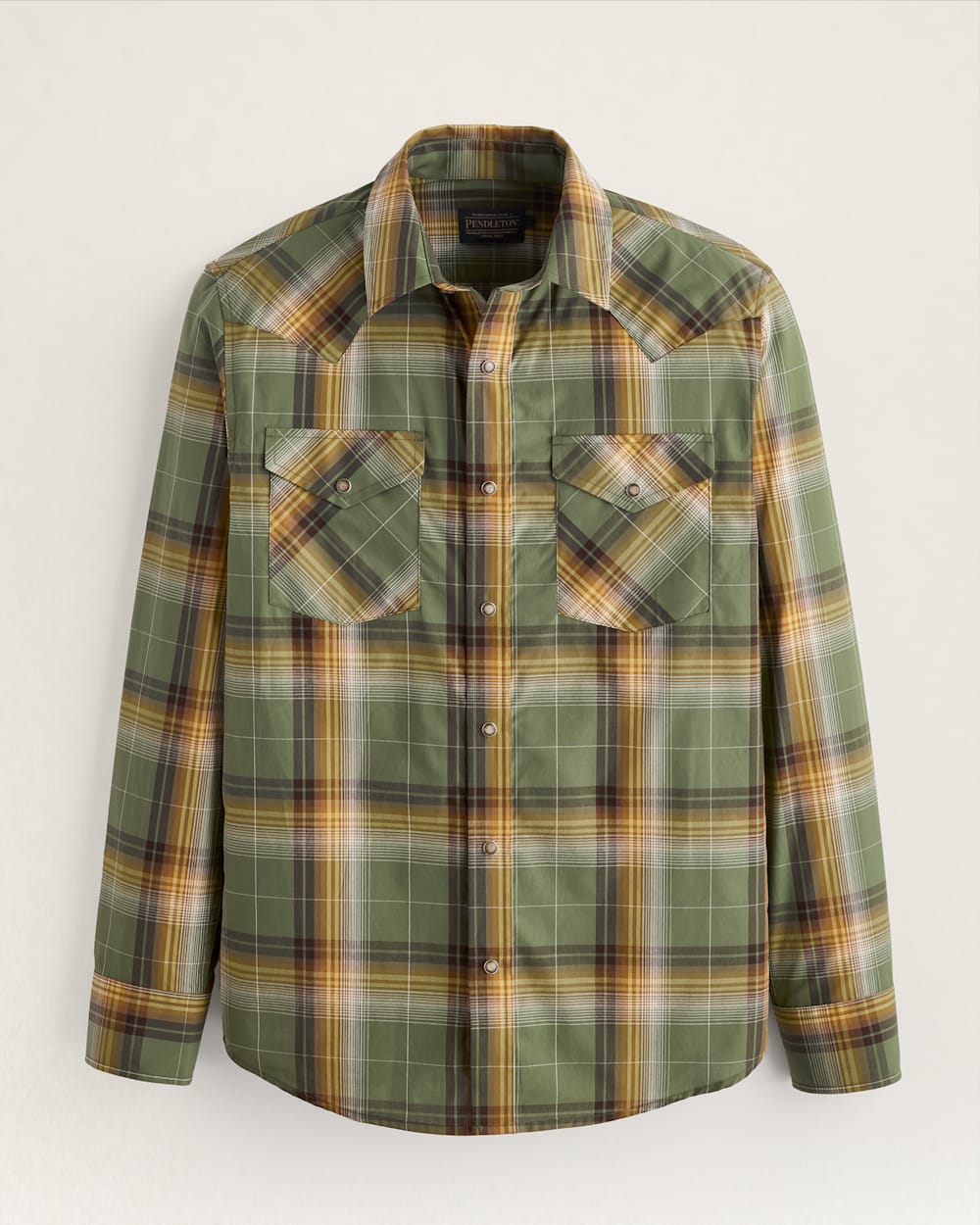 MEN'S PLAID LONG-SLEEVE BISHOP COTTON SHIRT IN GREEN/BRONZE image number 1