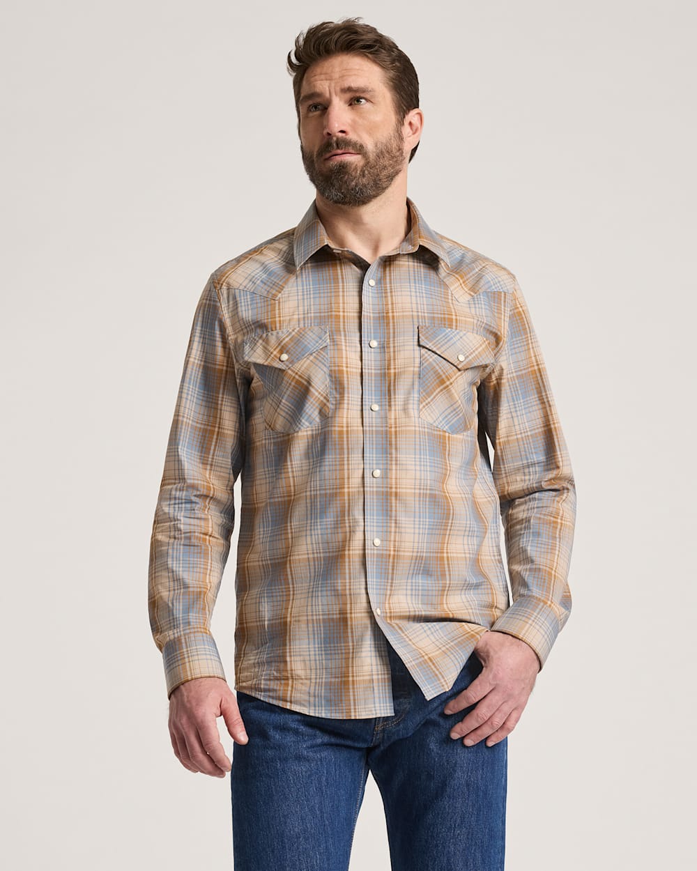 LONG-SLEEVE PLAID BISHOP COTTON SHIRT IN WASHED BLUE image number 1