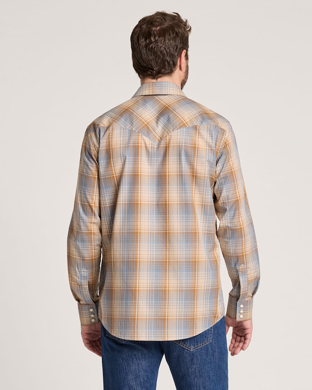 ALTERNATE VIEW OF LONG-SLEEVE PLAID BISHOP COTTON SHIRT IN WASHED BLUE image number 2