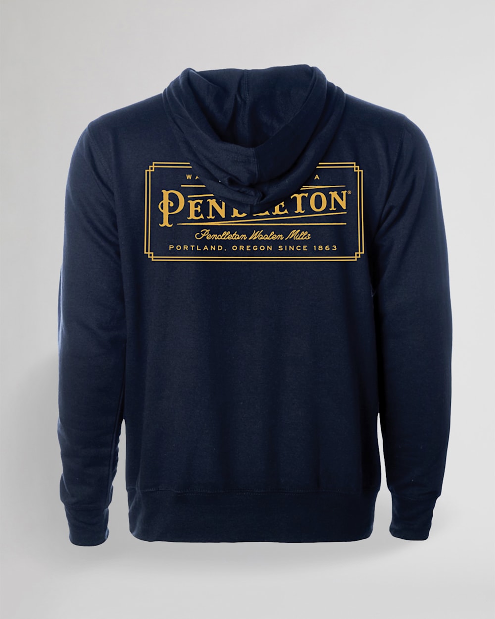 BACK VIEW OF UNISEX HERITAGE LOGO HOODIE IN NAVY/GOLD image number 2