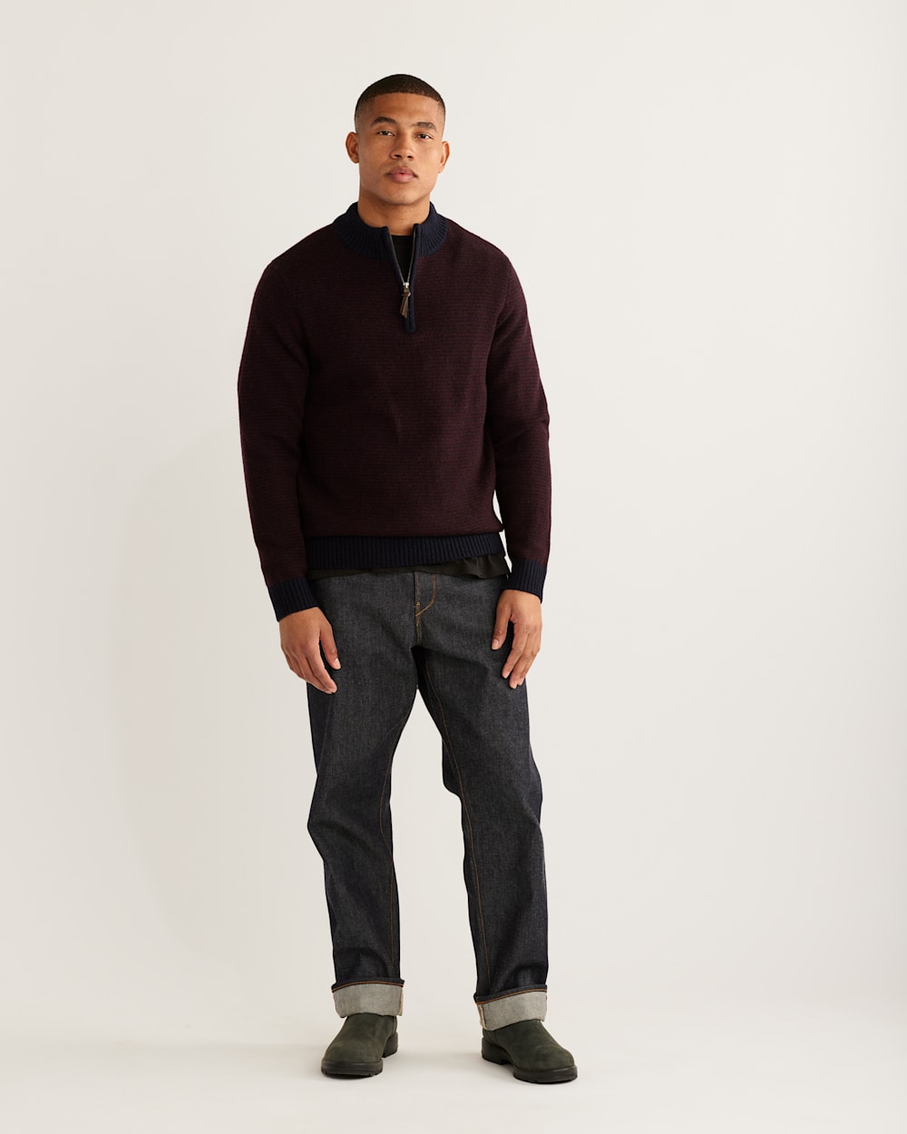 MEN'S SHETLAND COLLECTION HALF-ZIP SWEATER IN NAVY/BURGUNDY image number 1