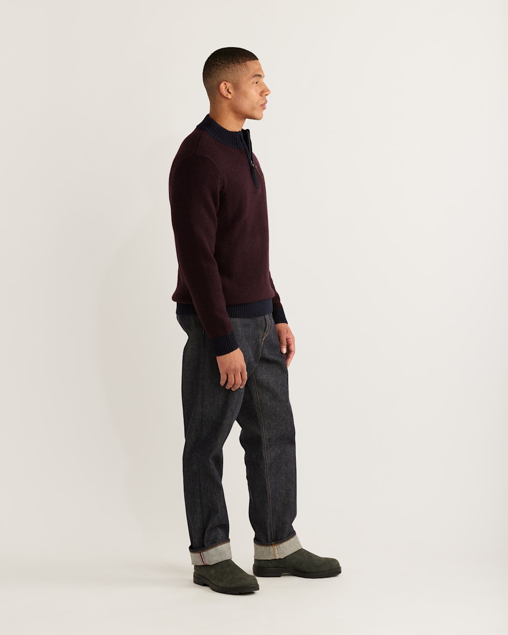 ALTERNATE VIEW OF MEN'S SHETLAND COLLECTION HALF-ZIP SWEATER IN NAVY/BURGUNDY image number 2