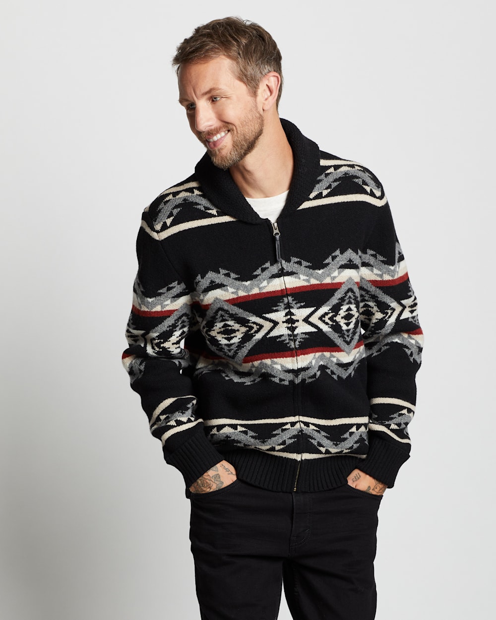 MEN'S TECOPA HILLS LAMBSWOOL ZIP CARDIGAN IN BLACK MULTI image number 1