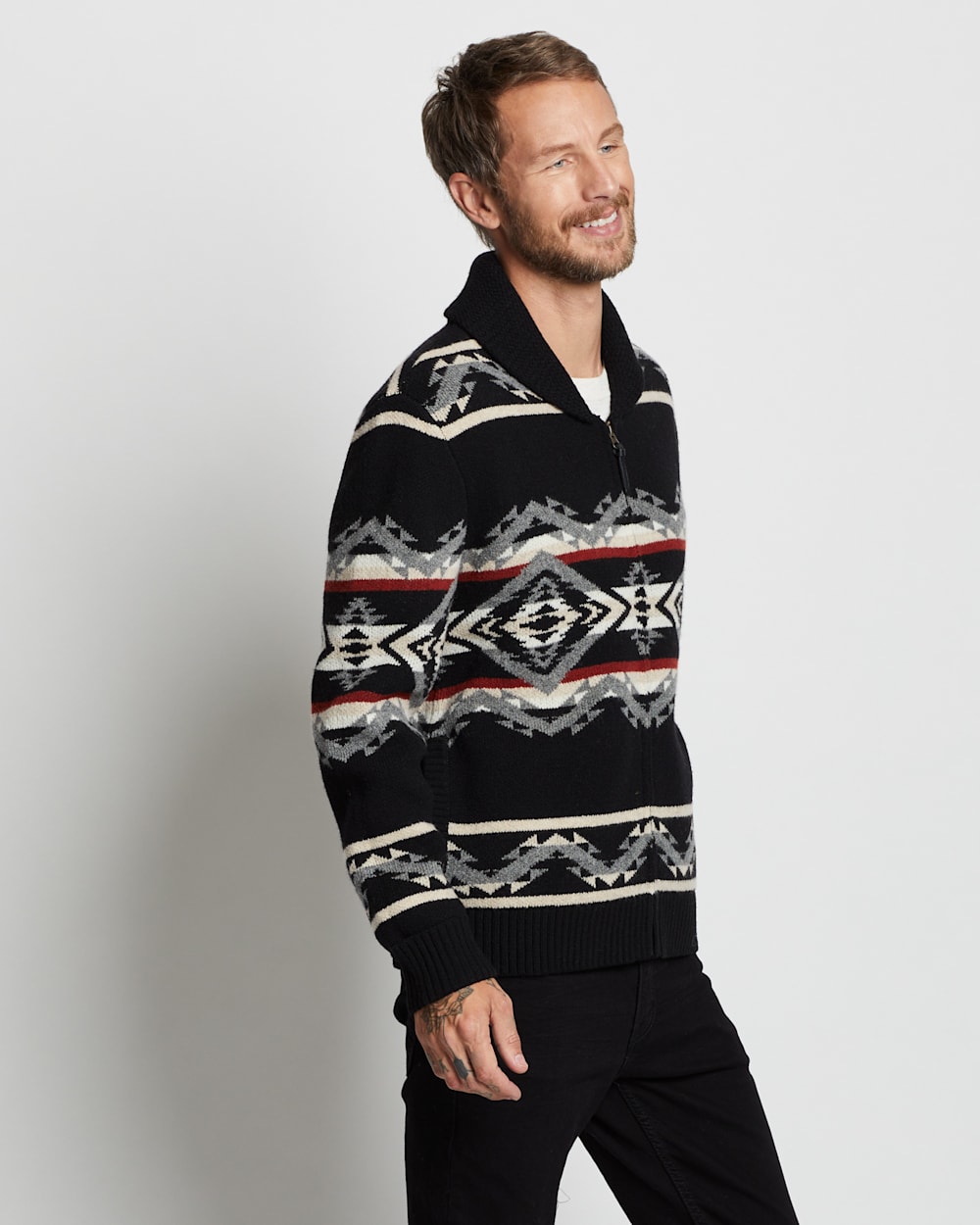 ALTERNATE VIEW OF MEN'S TECOPA HILLS LAMBSWOOL ZIP CARDIGAN IN BLACK MULTI image number 2