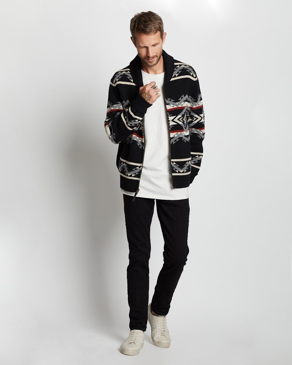 ALTERNATE VIEW OF MEN'S TECOPA HILLS LAMBSWOOL ZIP CARDIGAN IN BLACK MULTI image number 5